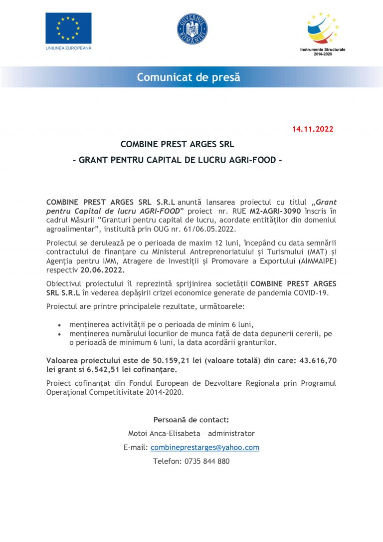 Comunicat de presă COMBINE PREST ARGES SRL