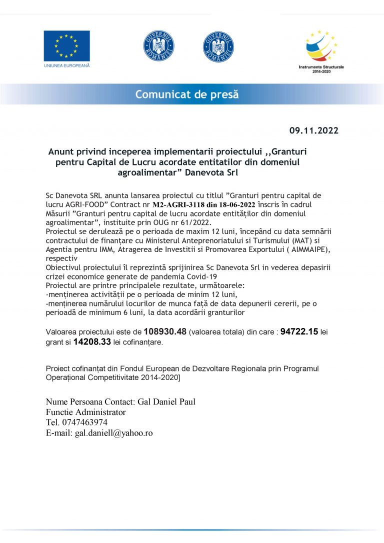 Comunicat de presă SC Danevota SRL