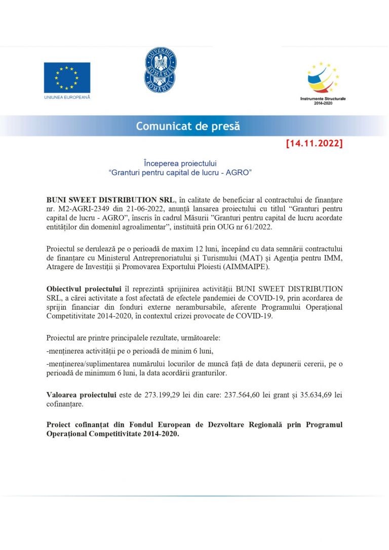 Comunicat de presă BUNI SWEET DISTRIBUTION SRL