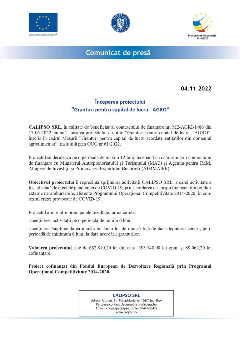 Începerea proiectului  “Granturi pentru capital de lucru – AGRO”