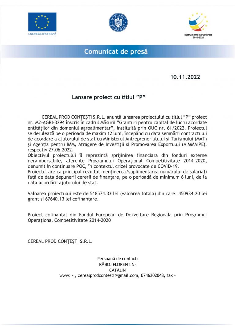 Comunicat de presă CEREAL PROD CONȚEȘTI S.R.L.