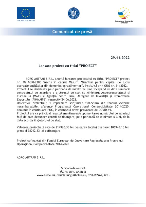 Comunicat de presă AGRO ANTRAN S.R.L.