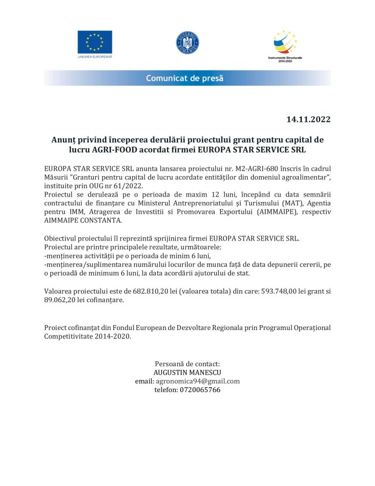 Comunicat de presă EUROPA STAR SERVICE SRL
