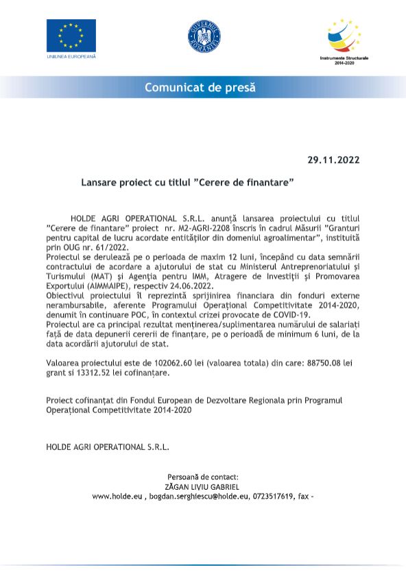 Comunicat de presă HOLDE AGRI OPERATIONAL S.R.L.