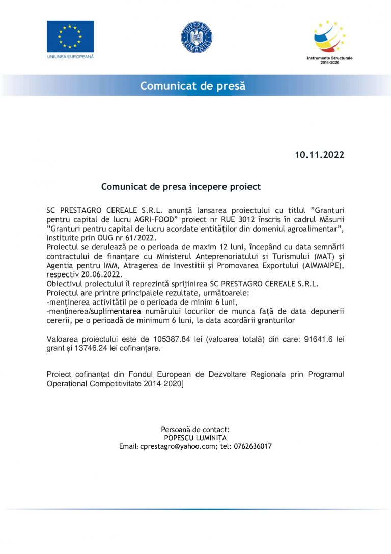 Comunicat de presă PRESTAGRO CEREALE S.R.L.
