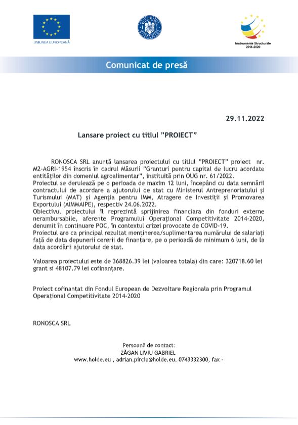 Comunicat de presă RONOSCA SRL
