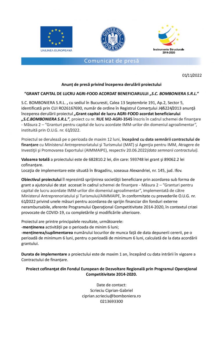 Comunicat de presă  S.C. BOMBONIERA S.R.L.