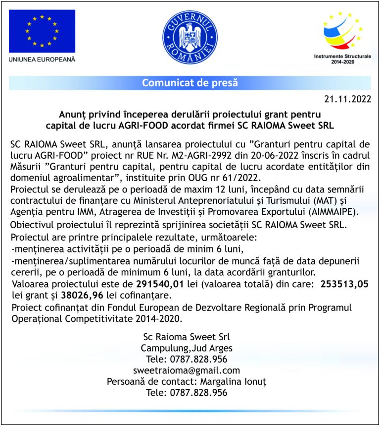 Comunicat de presă SC RAIOMA Sweet SRL