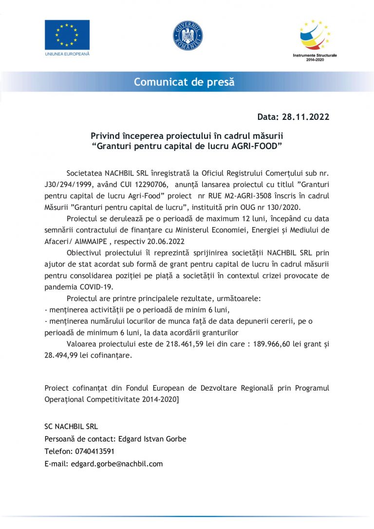 Comunicat de presă Societatea NACHBIL SRL