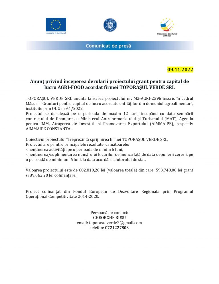 Comunicat de presă TOPORAŞUL VERDE SRL