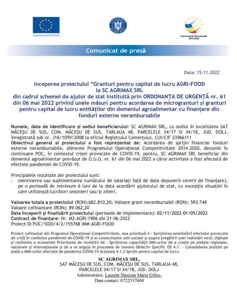 Comunicat de presă AGRIMAX SRL