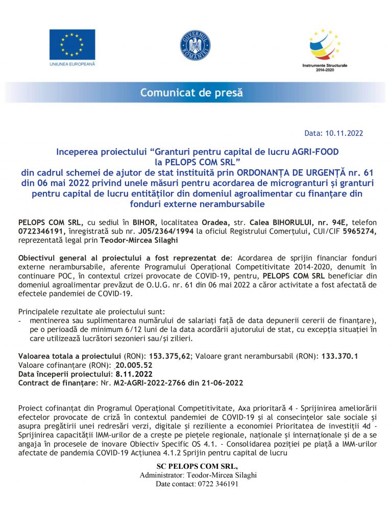 Comunicat de presă PELOPS COM SRL