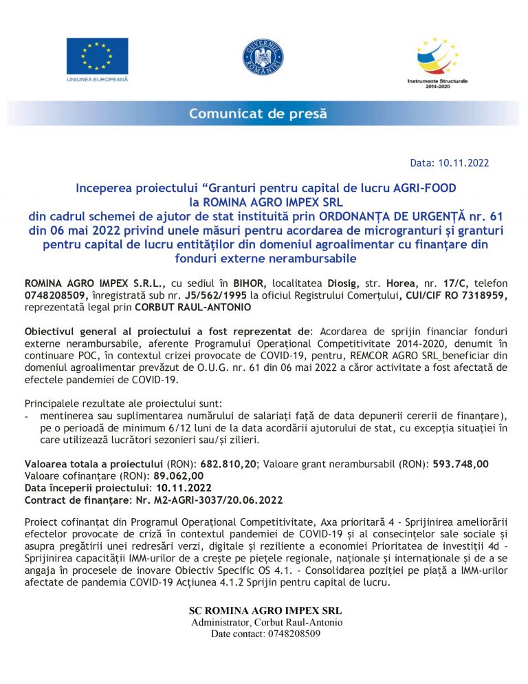Comunicat de presă ROMINA AGRO IMPEX SRL
