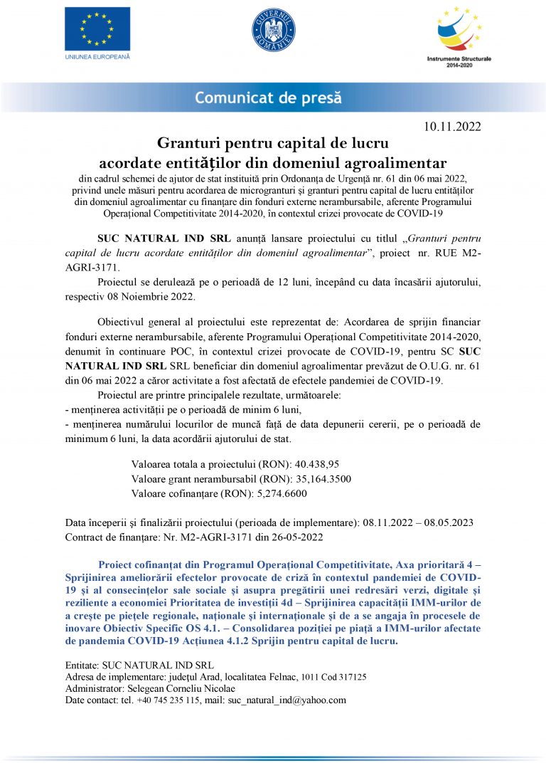 Comunicat de presă SUC NATURAL IND SRL
