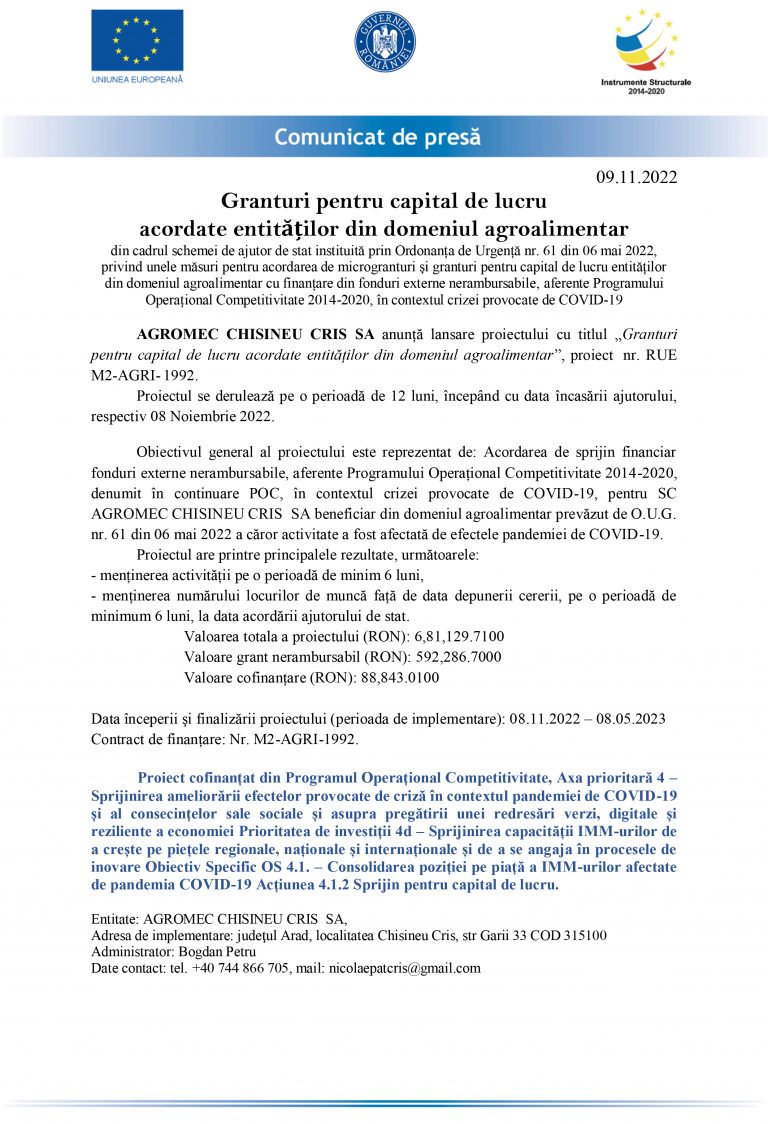 Comunicat de presă AGROMEC CHISINEU CRIS SA