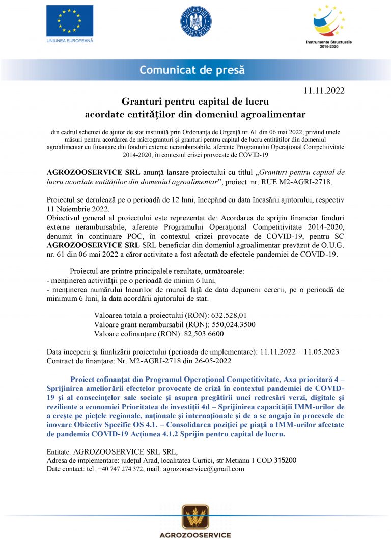 Comunicat de presă  AGROZOOSERVICE SRL