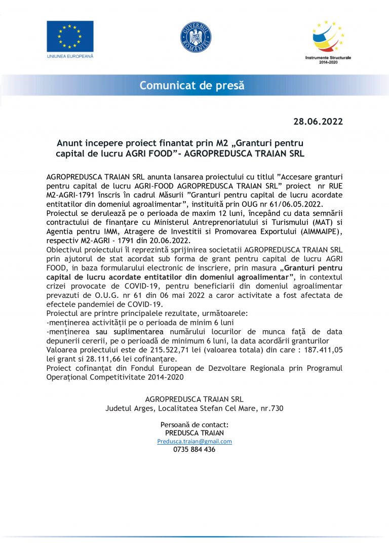 Comunicat de presă AGROPREDUSCA TRAIAN SRL