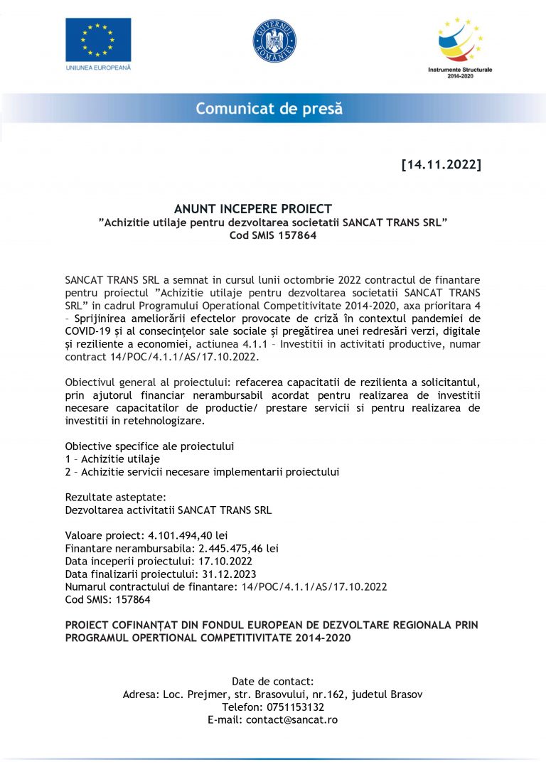 Comunicat de presă SANCAT TRANS SRL