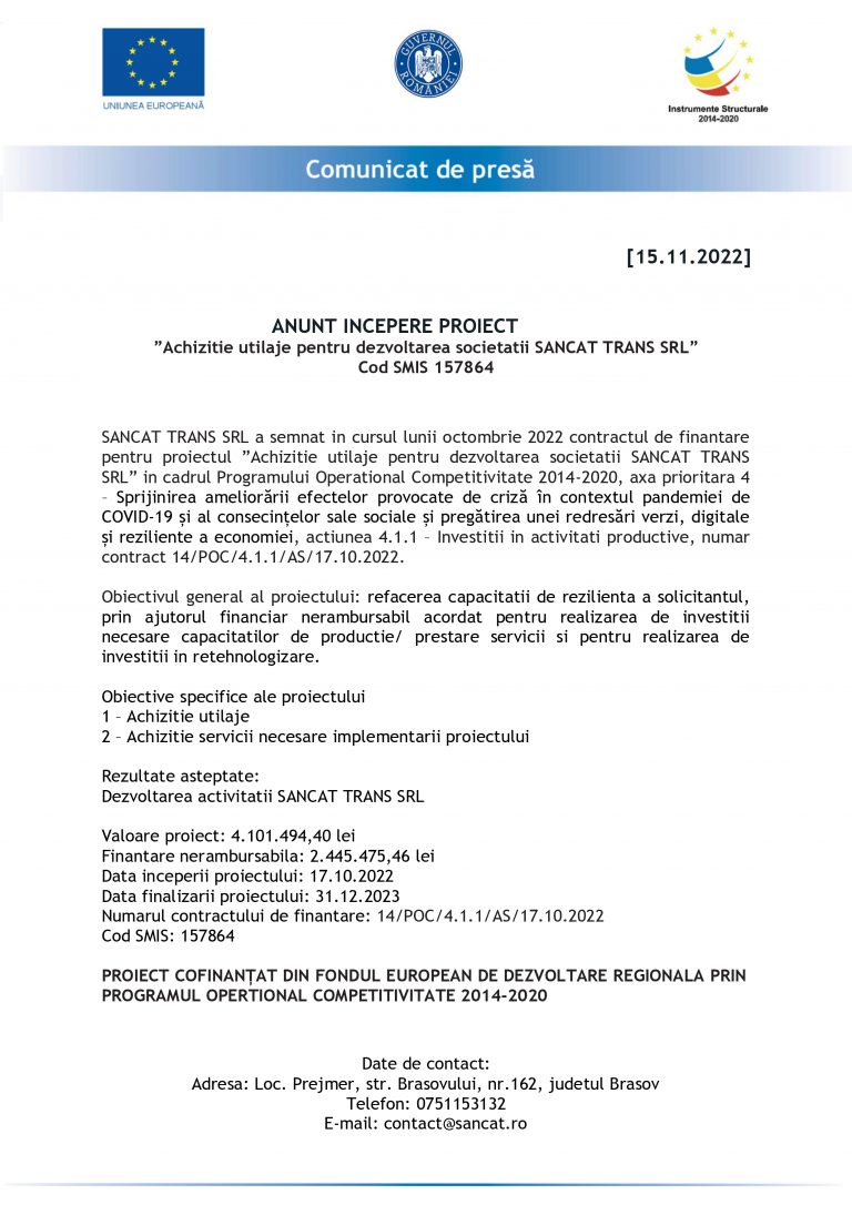 Comunicat de presă SANCAT TRANS SRL