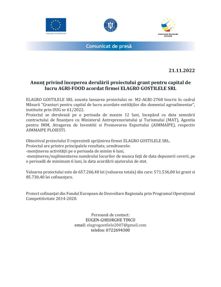 Comunicat de presă ELAGRO GOSTILELE SRL