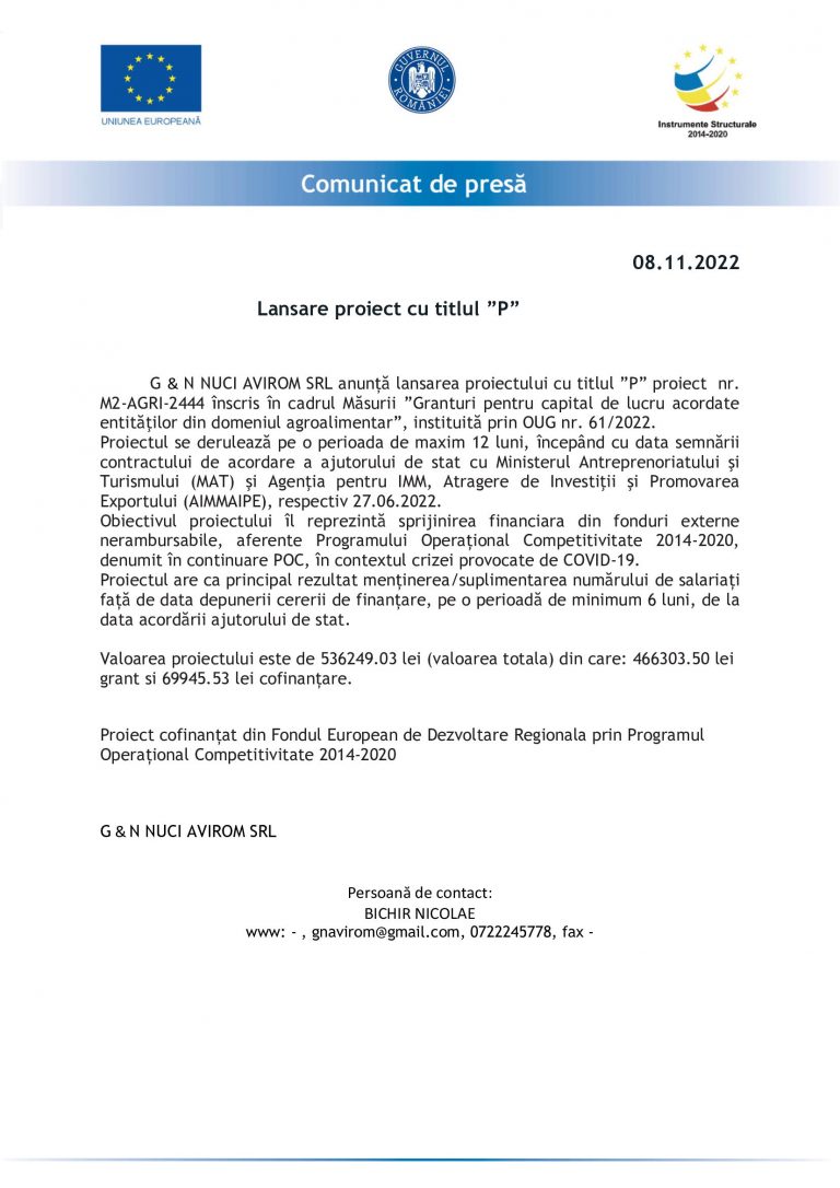 Comunicat de presă G & N NUCI AVIROM SRL