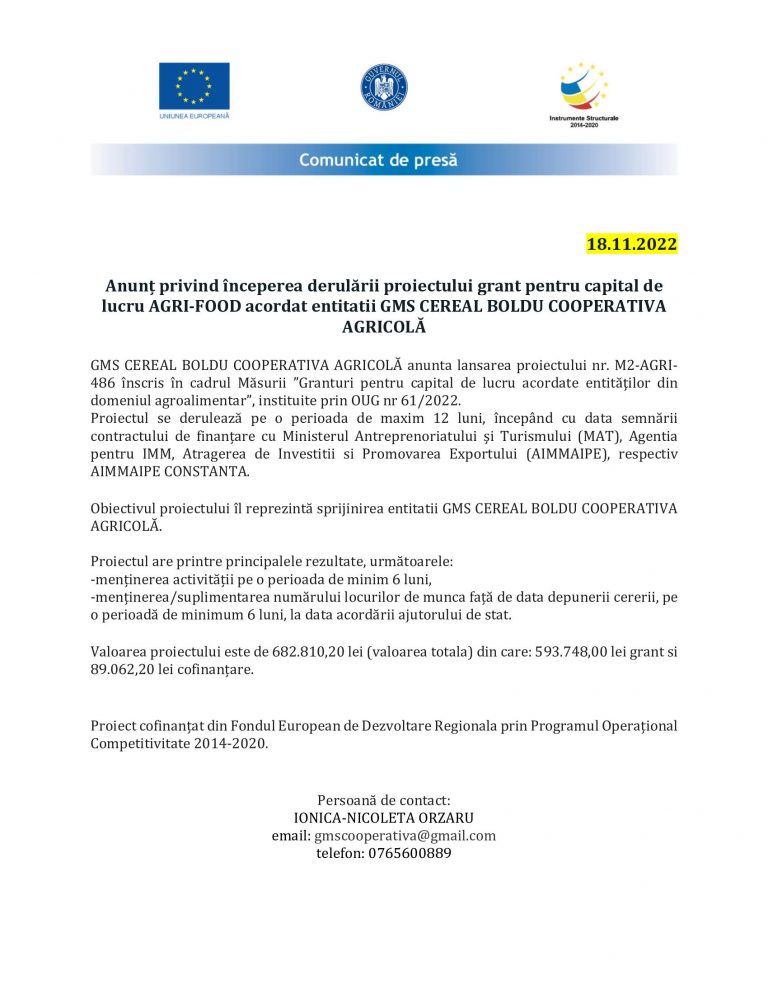 Comunicat de presă GMS CEREAL BOLDU COOPERATIVA AGRICOLĂ