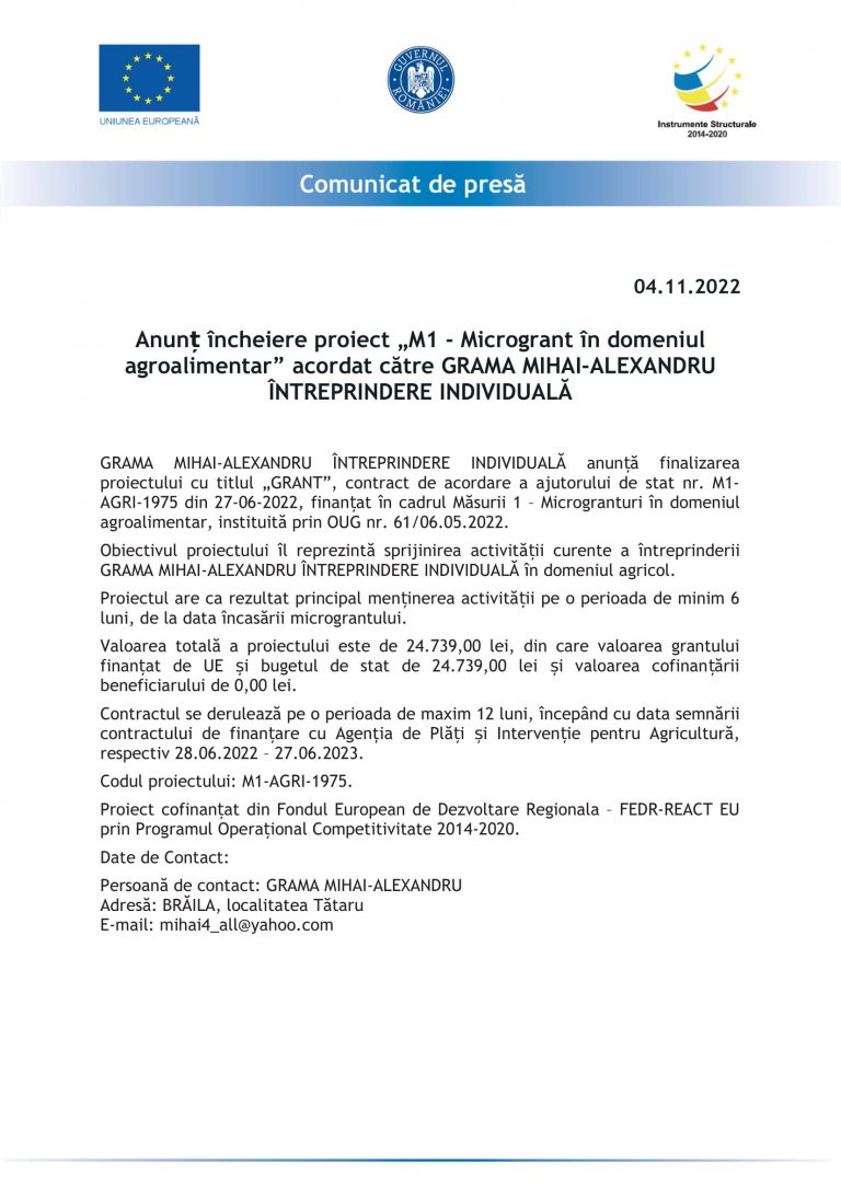 Comunicat de presă GRAMA MIHAI-ALEXANDRU ÎNTREPRINDERE INDIVIDUALĂ