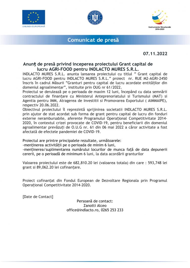 Comunicat de presă INDLACTO MURES S.R.L.