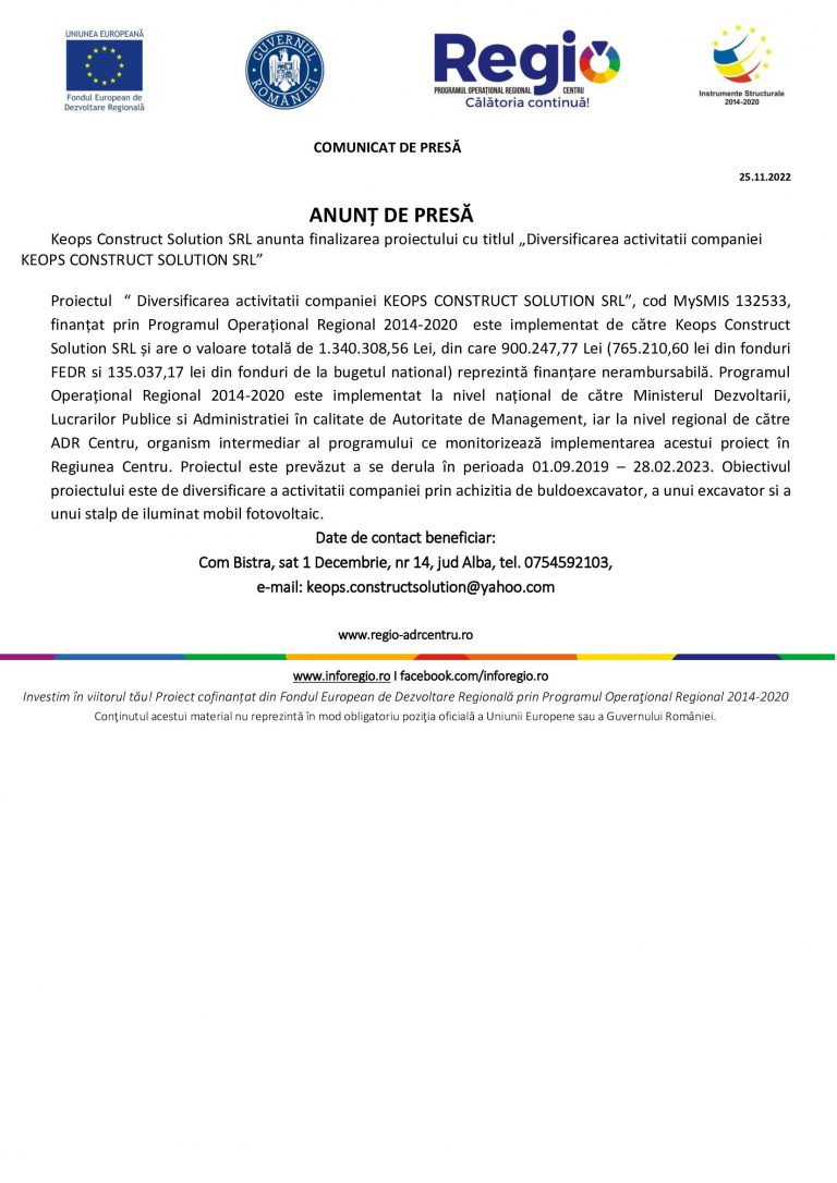 Comunicat de presă KEOPS CONSTRUCT SOLUTION SRL