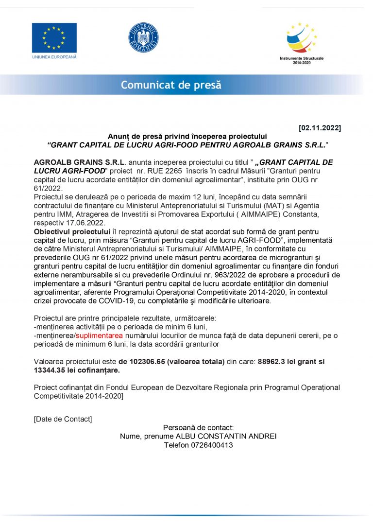 Comunicat de presă AGROALB GRAINS SRL