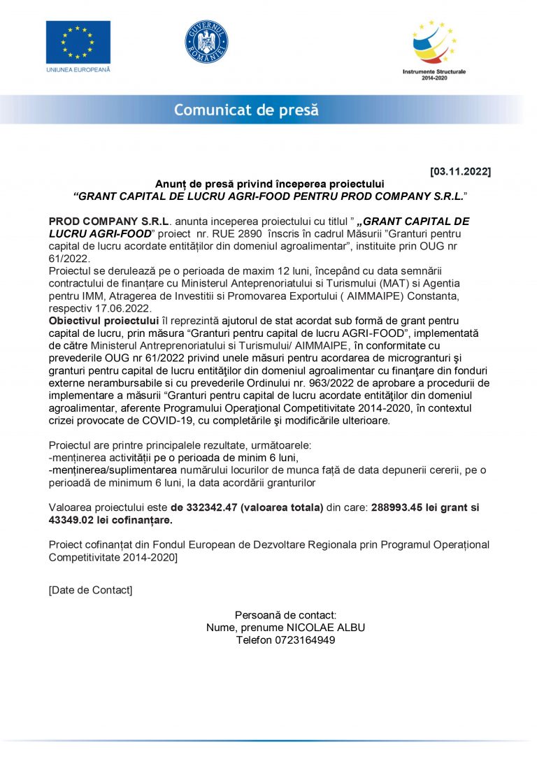 Comunicat de presă PROD COMPANY SRL