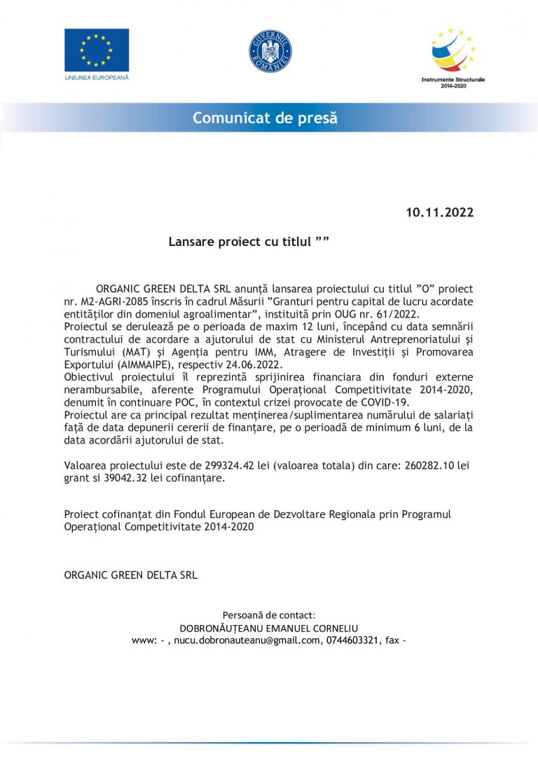 Comunicat de presă ORGANIC GREEN DELTA SRL