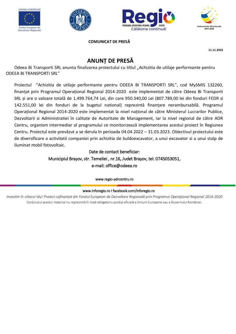 Comunicat de presă ODEEA BI TRANSPORTI SRL