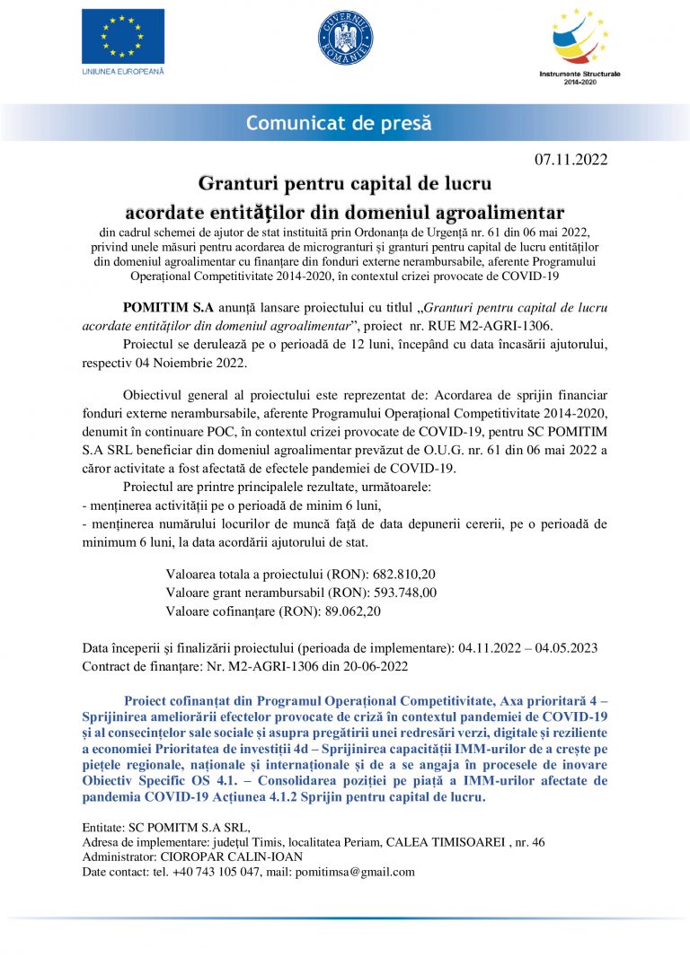Comunicat de presă POMITIM SA