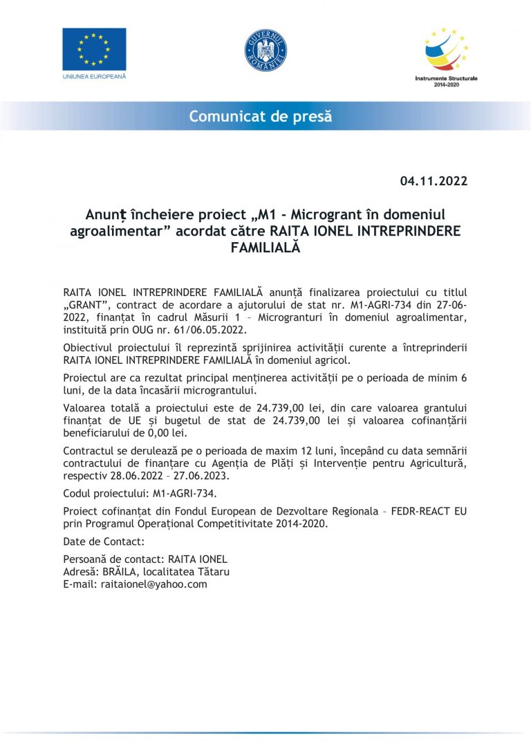 Comunicat de presă RAITA IONEL ÎNTREPRINDERE FAMILIALĂ