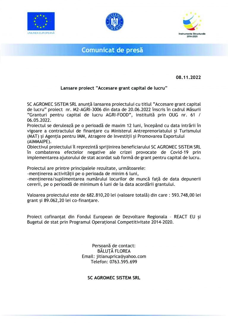 Comunicat de presă SC AGROMEC SISTEM SRL