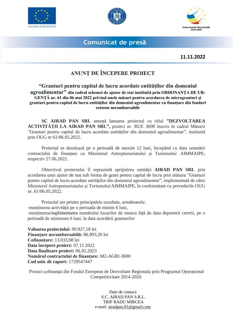 Comunicat de presă SC AIRAD PAN SRL