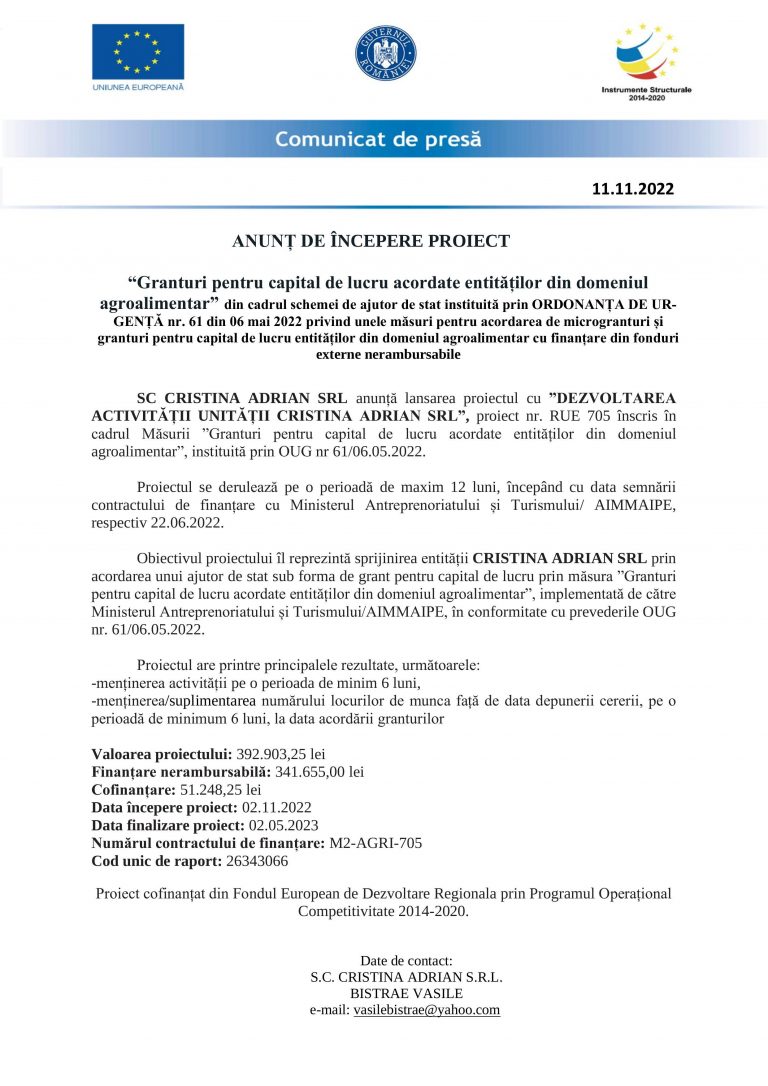 Comunicat de presă SC CRISTINA ADRIAN SRL