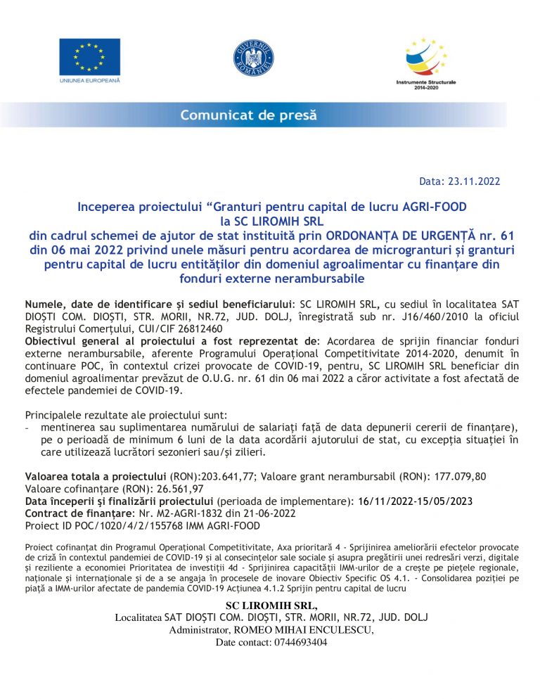 Comunicat de presa SC LIROMIH SRL