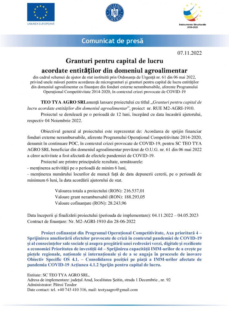 Comunicat de presă TEO-TYA-AGRO-SRL