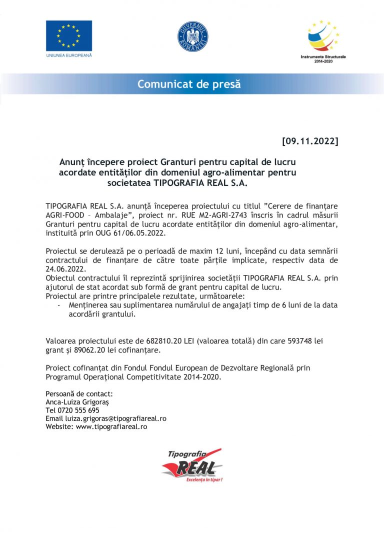 Comunicat de presă TIPOGRAFIA REAL S.A.