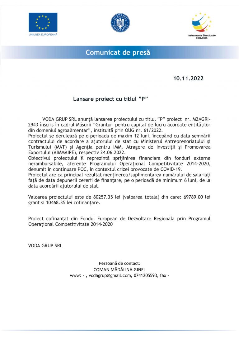 Comunicat de presă VODA GRUP SRL