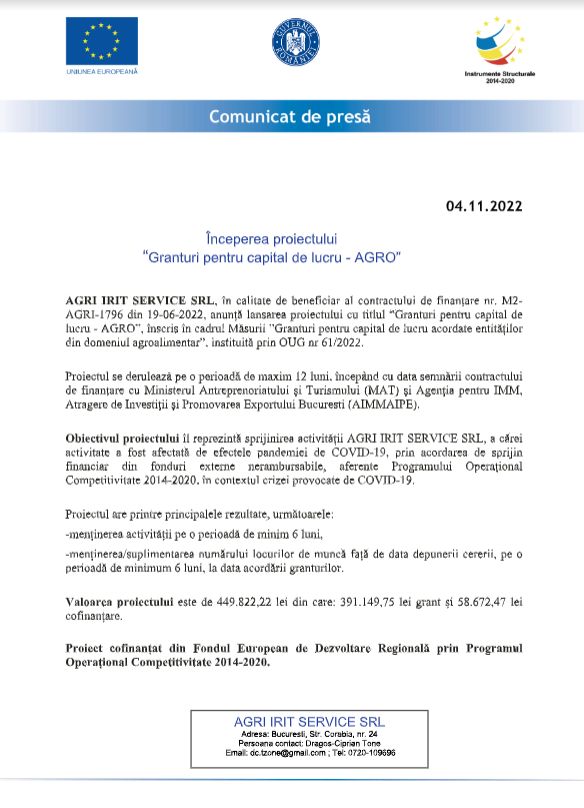 Începerea proiectului  “Granturi pentru capital de lucru – AGRO”