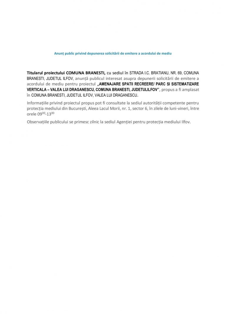 Anunț de presă Primăria Comunei Brănești