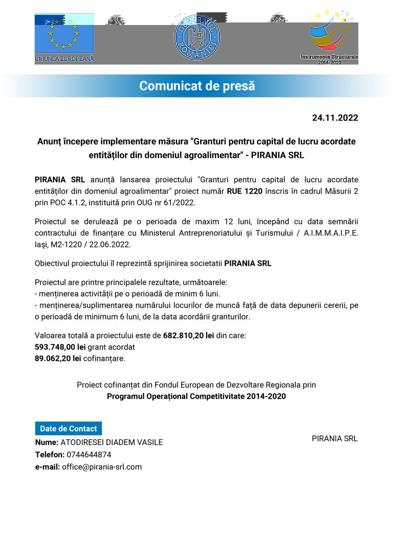 Comunicat de presă PIRANIA SRL