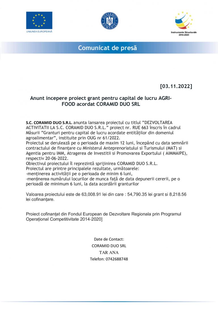 Anunt incepere proiect grant pentru capital de lucru AGRI-  FOOD acordat CORAMID DUO SRL