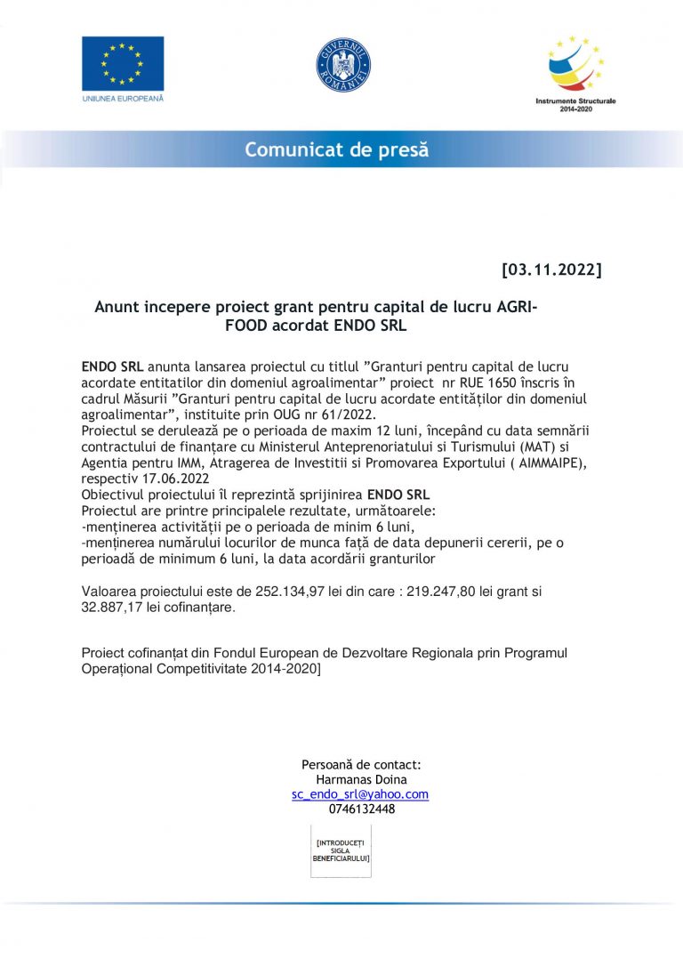 Anunt incepere proiect grant pentru capital de lucru AGRI-FOOD acordat ENDO SRL