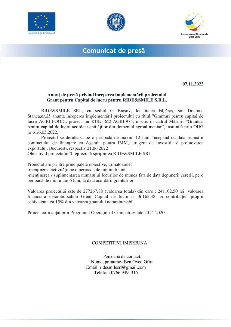 Comunicat de presă RIDE&SMILE SRL