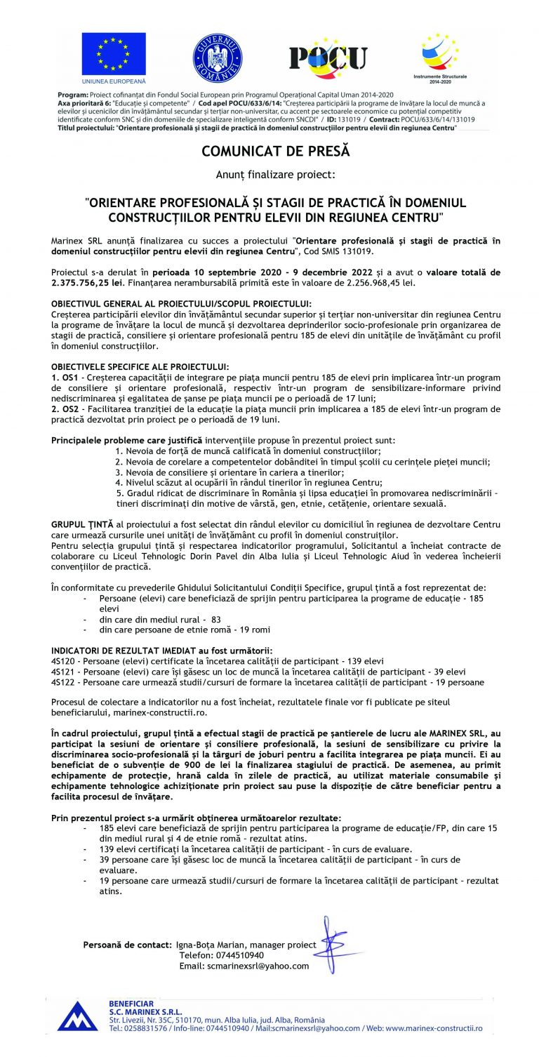 Comunicat de presă MARINEX SRL