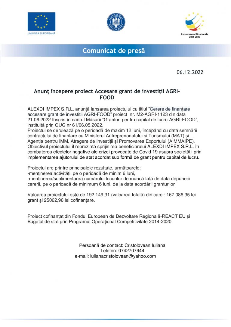 Comunicat de presă ALEXDI IMPEX S.R.L.